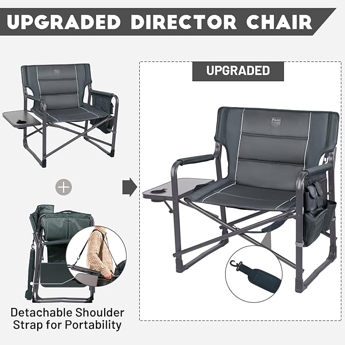 TIMBER RIDGE XXL Upgraded Oversized Directors Chairs with Foldable Side Table, Detachable Side Pocket, Heavy Duty Folding Camping Chair up to 600 Lbs Weight Capacity (Grey) Ideal Gift, 2 Pack