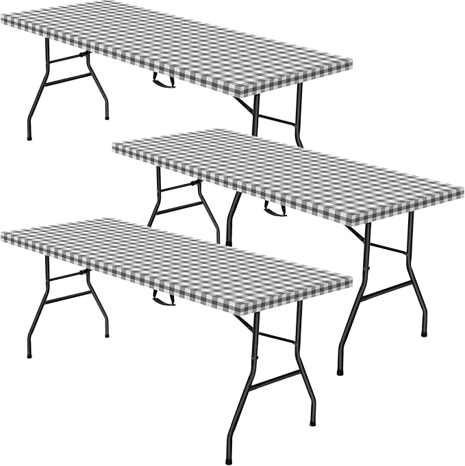 3 Pcs Plastic Picnic Table Cover Checkered Tablecloth Fitted Rectangular Table Cloth 30 x 72 Inch Vinyl Waterproof Flannel Backed with Elastic Rim for Indoor Outdoor Picnic Party(Gray and White)