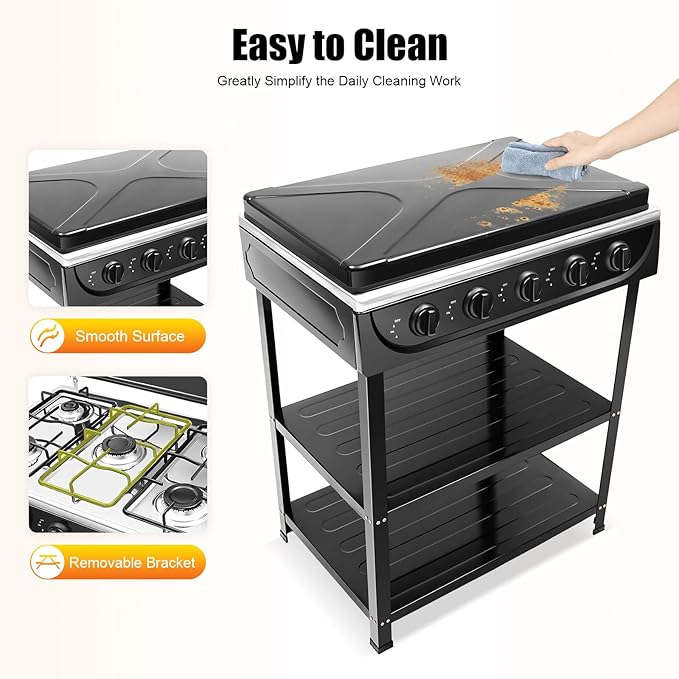 5 Burners Natural Gas Stove with Placement Boards, Portable Camping Stove with Non-Slip Bottom Feet, Propane Gas Stove for Camping Outdoor Cooking Tailgating, Black