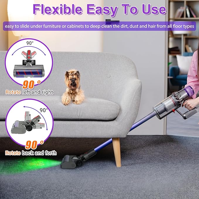 Lemige LED Green Light Head Replacement Parts for Dyson V7 V8 V10 V11 V15 Cordless Vacuum Cleaner, Quick Release LED Light Attachments, Anti-Tangle and Soft Brush Roller for Carpets, Rugs, Hard Floor