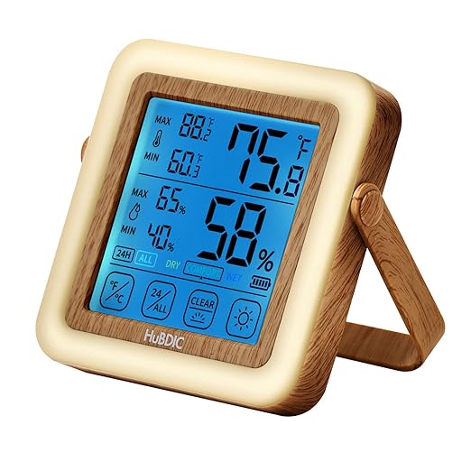HuBDIC HubiBaby Digital Hygrometer Indoor Thermometer Humidity Meter Room Thermometer, Humidity Monitor for Home, Bedroom, Baby Room, Office, Greenhouse, Cellar, Portable Nightlight (Light Wood)