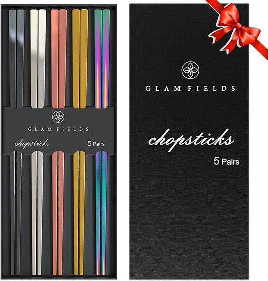 GLAMFIELDS Metal Chopsticks Reusable Chopsticks Dishwasher Safe Multipack Stainless Steel Japanese Style 5 Pairs Lightweight Chop Sticks Gift Set