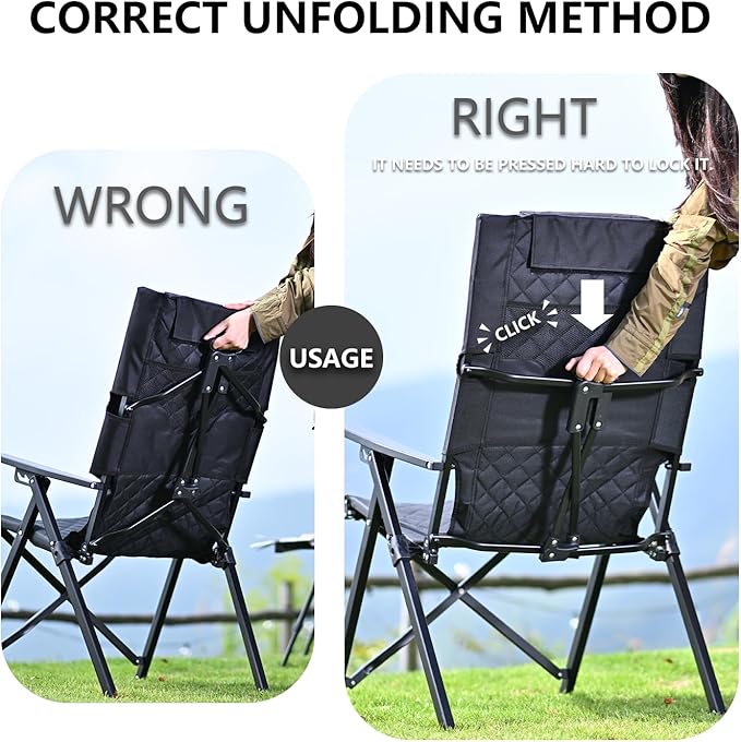 Reclining Camping Chair, Heavy Duty Folding Chairs with 4-Stage Adjustable High Back for Adults, Compact Foldable Outdoor Patio Reclining Chair with Storage Bag （Black）
