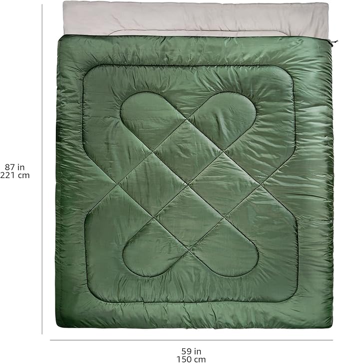 Amazon Basics 40°F Cool Weather Two-Person Sleeping Bag, 87 Inches x 59 Inches, Olive Green