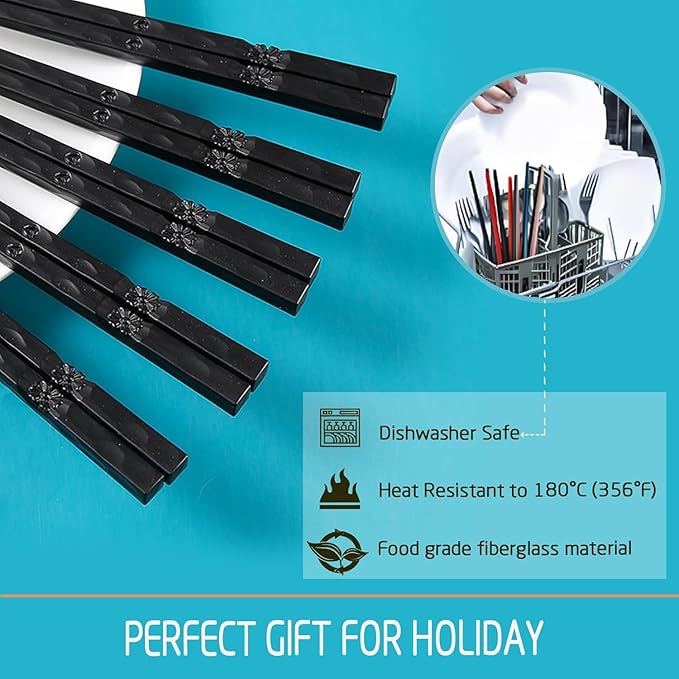 200 Pairs Bauhinia Fiberglass Sushi 24cm/9.4 Inch Dishwasher Safe Non-Slip Chopsticks,Japanese Style Black for Restaurant & Party.