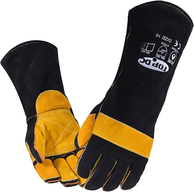 TOPDC Welding Gloves 16 Inches 932℉ Fire/Heat Resistant Leather Welding Gloves For Mig, Tig, Stick, Forge, BBQ, Grill, Fireplace, Wood Stove, Furnace, Oven, Animal Handling for Safe, Loving Pet Care