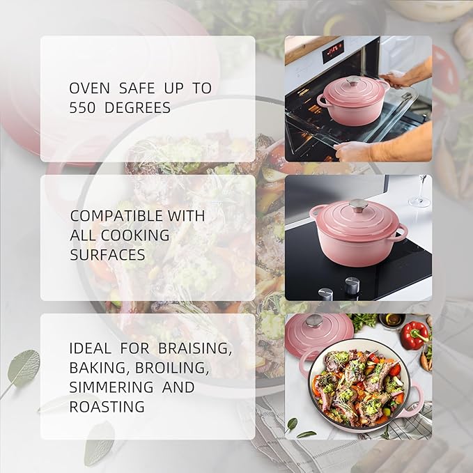 4.5 Quart Dutch Oven Enameled Cast Iron with Lid - Big Dual Handles - Oven Safe up to 500°F - Classic Round Pot for Versatile Cooking Pink
