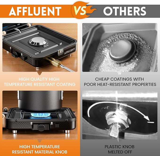 AFFLUENT 2 Burner Propane Camping Stove with Grill and Storage Bag- A Must - Have Camp Stove Propane! Foldable, Featuring Two Adjustable Burners Ideal Portable Camping Stove for Camping & BBQ(Black)