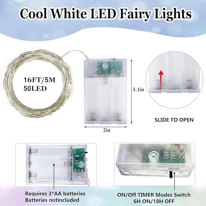 8-Pack Fairy Lights Battery Operated with Remote & Timer & 8 Modes, Waterproof 16 FT 50 LED String Lights Outdoor Indoor, Battery Twinkle Lights for Christmas Bedroom Centerpiece Décor (Cool White)