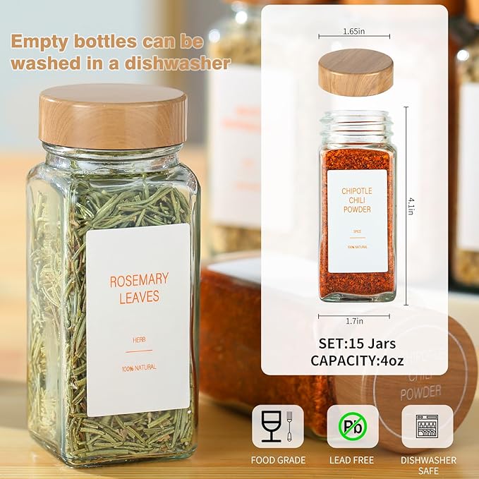 Spice Jars with Label，4oz Seasoning Containers, Glass Spice Bottles with Shaker Lids,Funnel, Chalk Pen (36)