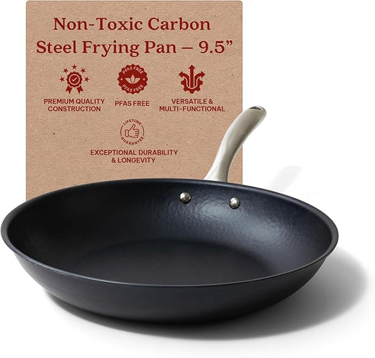 Alva Black Angus 9.5" Carbon Steel Frying Pan, Chef-Grade Hammered Blue Steel Skillet, Naturally Nonstick When Seasoned, PFAS/PFOA Free, Induction, Oven & BBQ Compatible, Lightweight Premium Cookware