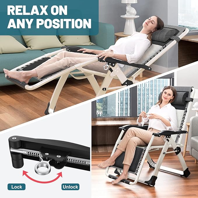 ABORON Padded Zero Gravity Chair,Premium Outdoor Lawn Folding Lounge Chairs,Sturdy Adjustable Reclining Patio Chairs with Headrest & Tray