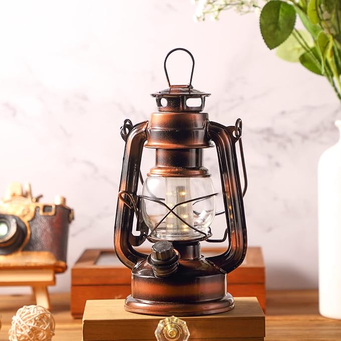 Hortsun 2 Pieces 8 Inch Vintage LED Hurricane Lantern 12 Warm LEDs and Dimmer Switch Battery Operated Farmers Hanging Lantern for Indoor Outdoor Camping Usage Decor