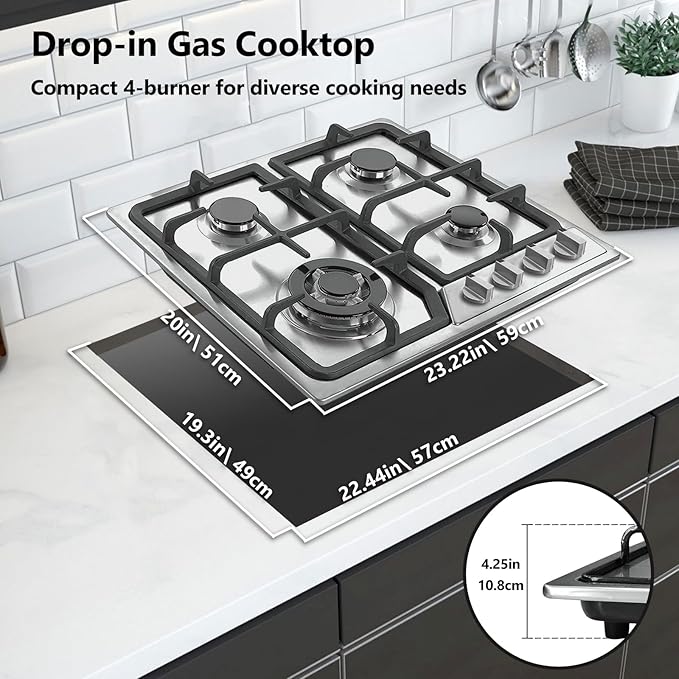 4 Burner 27400BTU 24 Inch NG/LPG Convertible Natural Gas Propane Cooktop, Stainless Steel Gas Stovetop with Thermocouple Protection for Kitchen, RV