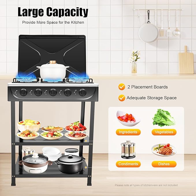 5 Burners Natural Gas Stove with Placement Boards, Portable Camping Stove with Non-Slip Bottom Feet, Propane Gas Stove for Camping Outdoor Cooking Tailgating, Black