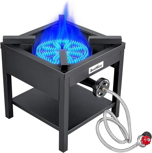 BESTFIRE 260,000 BTU Outdoor Propane Gas Stove with 0-20 PSI Adjustable Regulator and Steel-Braided Hose for Outdoor Home Cooking and Turkey Frying