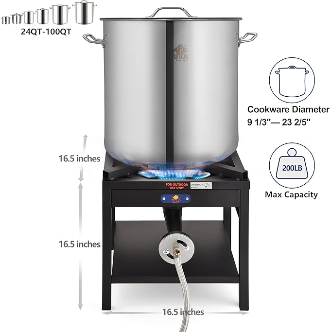 ARC Single Burner Propane Stove, 200,000BTU Cast Iron High Pressure Outdoor Propane Burner Cooker,16.5"Heavy Duty Square Stove, Great For Outdoor Cooking Turkey Fry,Seafood Boil,Homebrewing
