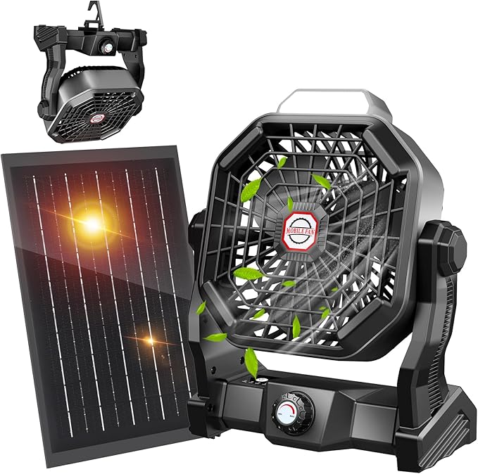 10400mAh Solar Fan with LED Lantern, Camping Fan with Solar Panel, 7W Rechargeable Solar Powered for Outside, Quiet Battery Operated Tent for Picnic, Barbecue, Fishing, Travel