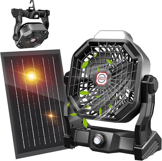 10400mAh Solar Fan with LED Lantern, Camping Fan with Solar Panel, 7W Rechargeable Solar Powered for Outside, Quiet Battery Operated Tent for Picnic, Barbecue, Fishing, Travel