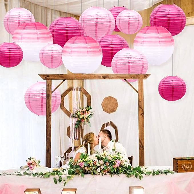 14 PCS Paper Lanterns, Gradient Colorful Pink Round Paper Lanterns Decorative Lantern Lamps, Hanging Lantern Chinese Tissue Indoor Room Outdoor Party Supplies Decoration