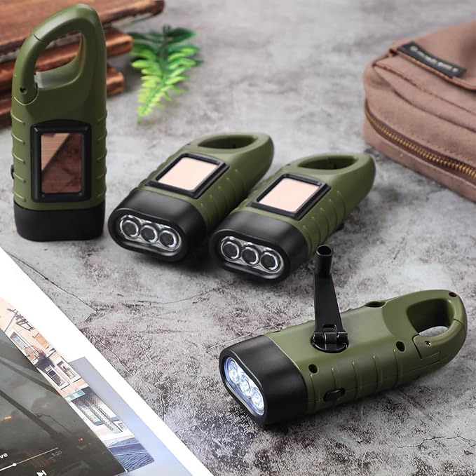 4 Pieces Hand Crank Solar Powered Flashlight LED Rechargeable Flashlight Survival Emergency Hand Crank Lantern Snap Carabiner Torch for Outdoor Sports Camping Hiking