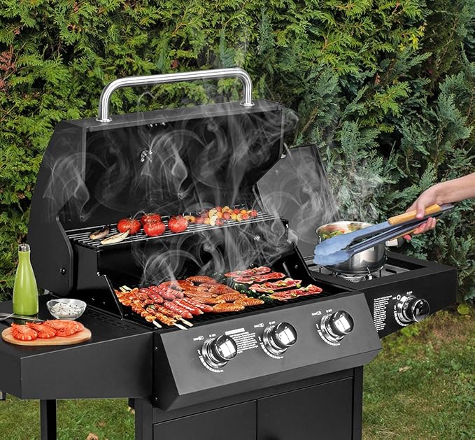 ROVSUN 3-Burner Propane Gas BBQ Grill with Side Burner & Enameled Cast Iron Grates, 46,000 BTU Barbecue Grill with Wheels for Outdoor Patio Backyard Cooking Grilling, Black