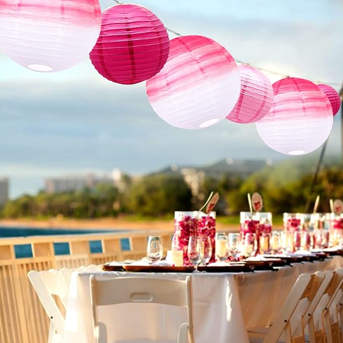 14 PCS Paper Lanterns, Gradient Colorful Pink Round Paper Lanterns Decorative Lantern Lamps, Hanging Lantern Chinese Tissue Indoor Room Outdoor Party Supplies Decoration