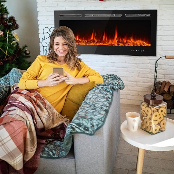 CharaVector 60 inch 750W/1500W Electric Fireplace Inserts with Remote Control in Wall Mounted, Energy Saving LED Insert Fireplace Heater Indoor Glass View with Remote Control & Touch Screen, Black