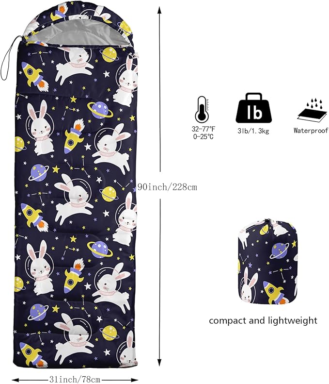 AILONEN Pink Lovely Rabbit Sleeping Bag for Girls Kids Adults,Warm and Cool Weather,Lightweight,Waterproof Backpacking,Cartoon Flowers Printed Bunny Sleeping Bag for Camping