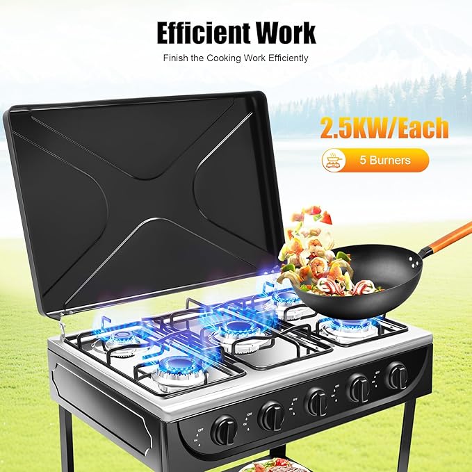5 Burners Natural Gas Stove with Placement Boards, Portable Camping Stove with Non-Slip Bottom Feet, Propane Gas Stove for Camping Outdoor Cooking Tailgating, Black