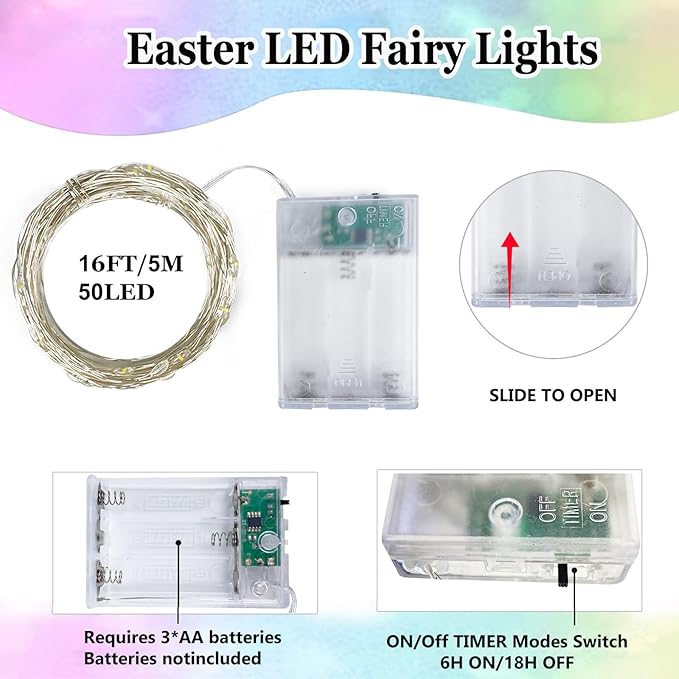 4-Pack Easter Lights Battery Operated, Pastel Fairy Lights with Timer, Waterproof 16FT 50LED Christmas String Light Indoor Outdoor for Easter Home Bedroom Christmas Centerpiece Decoration (Multicolor)