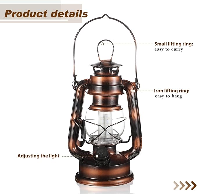 Hortsun 8 Pieces 8 Inch Vintage LED Hurricane Lantern 12 Warm LEDs and Dimmer Switch Battery Operated Farmers Hanging Lantern for Indoor Outdoor Camping Usage Decor