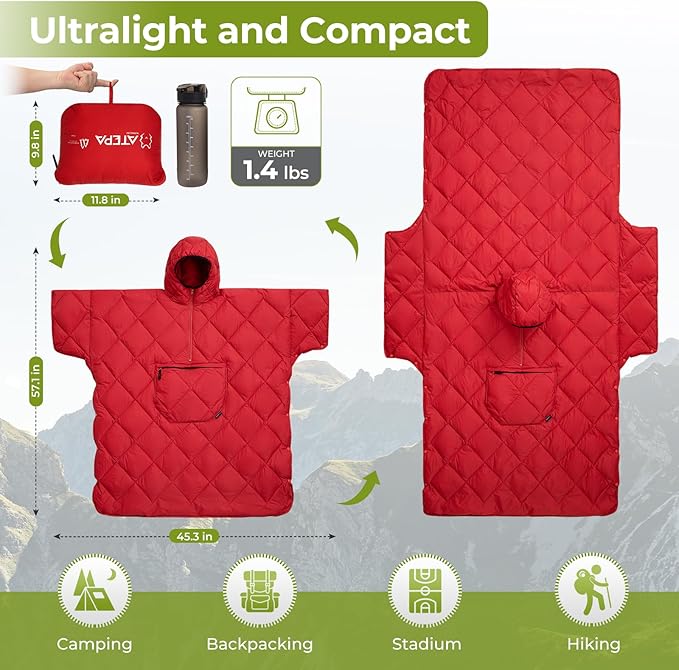 ATEPA Wearable Sleeping Bag, Recycled Warm Camping Wearable Blanket Poncho for Outdoor Sports, Camping Gifts for Women Men