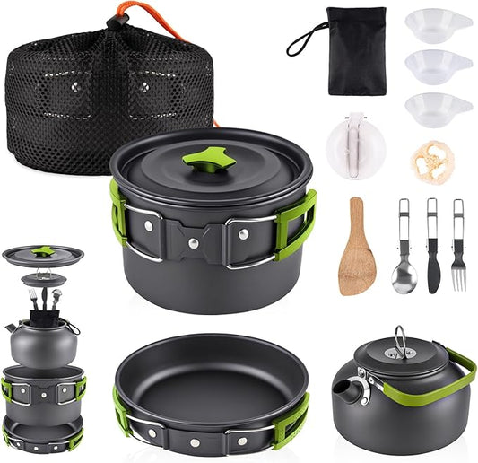 aiGear Camping Cookware Mess Kit, Non-Stick Camping Pan Pot Kettle, Lightweight Aluminum Camping Utensils, Collapsible Portable Camping Cooking Set for Outdoor Cooking Hiking Picnic