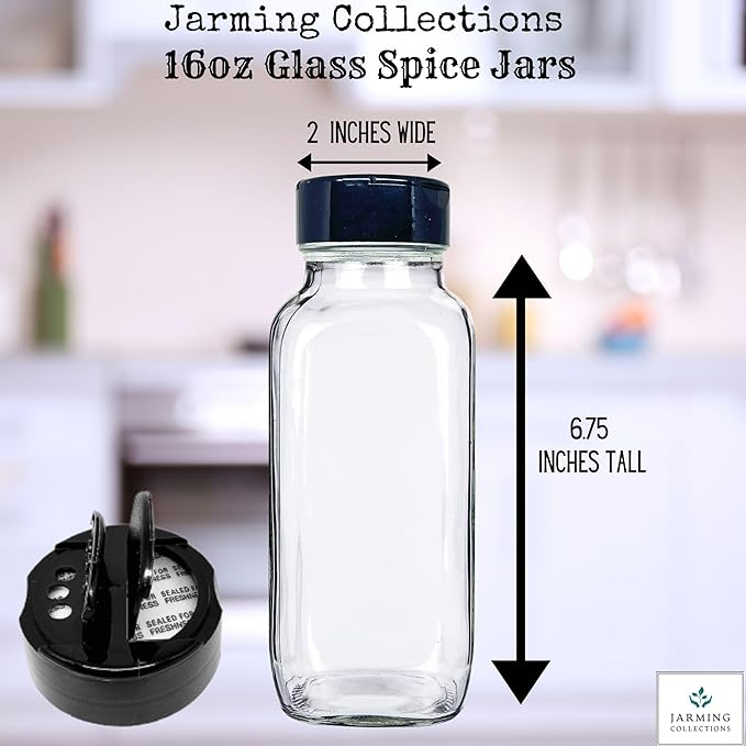 JARMING COLLECTIONS 16oz Glass French Square Spice Shakers with Lids – Large Seasoning Containers for Kitchen, Pantry, Herbs & Spices - Enhance Your Spice Storage – Made in USA