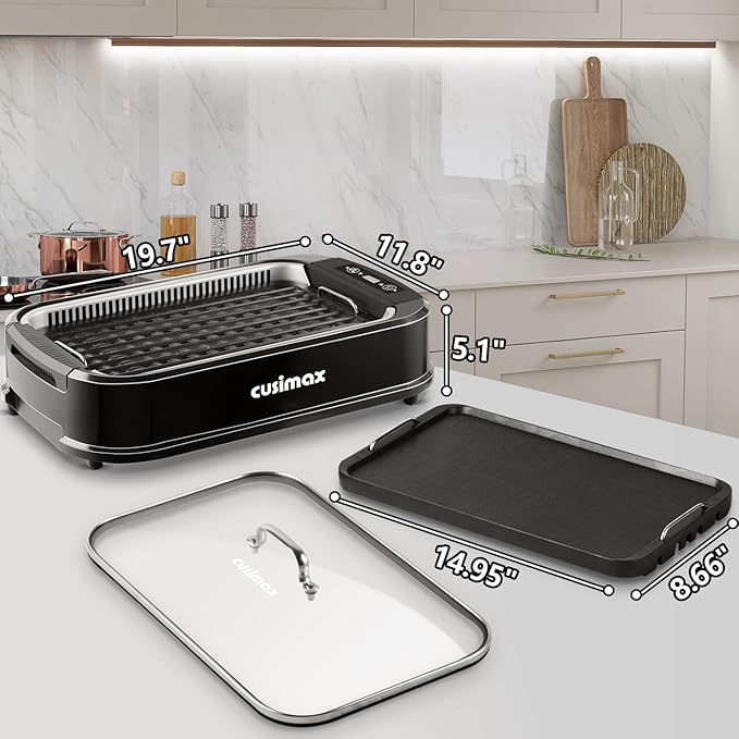 CUSIMAX Indoor Grill, Electric Smokeless Grill, 1500W Korean BBQ Grill, Electric Grill Griddle with LED Smart Display & Tempered Glass Lid, Non-stick Removable Grill Plate & Griddle Plate, Black