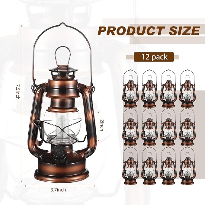 Hortsun 8 Pieces 8 Inch Vintage LED Hurricane Lantern 12 Warm LEDs and Dimmer Switch Battery Operated Farmers Hanging Lantern for Indoor Outdoor Camping Usage Decor