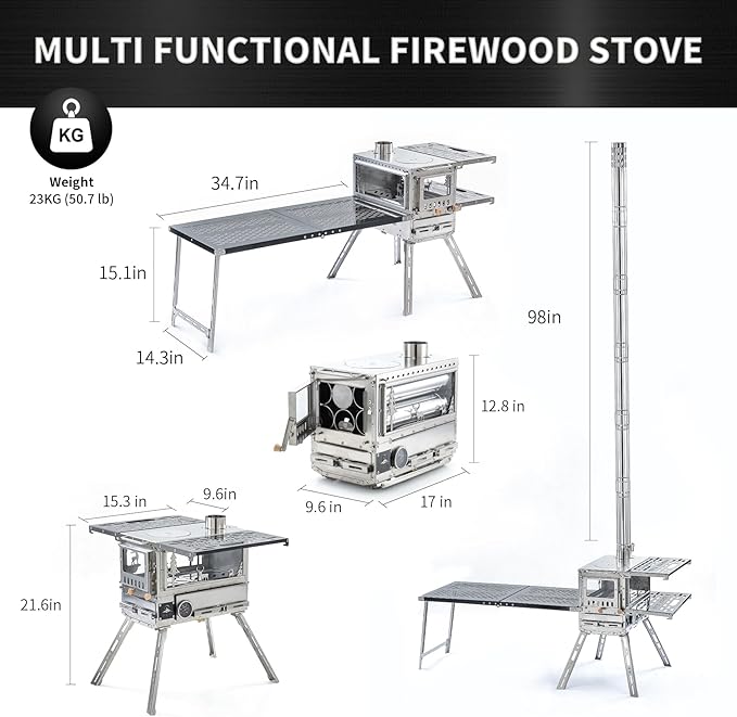 Wood Stove Wood Burning Stove Hot Tent Stove, Stainless Steel Portable Camping Stove with Oven & Camping Table and 6 Chimney Pipe for Outdoor, Camping, Cooking, Tents, Car Travel