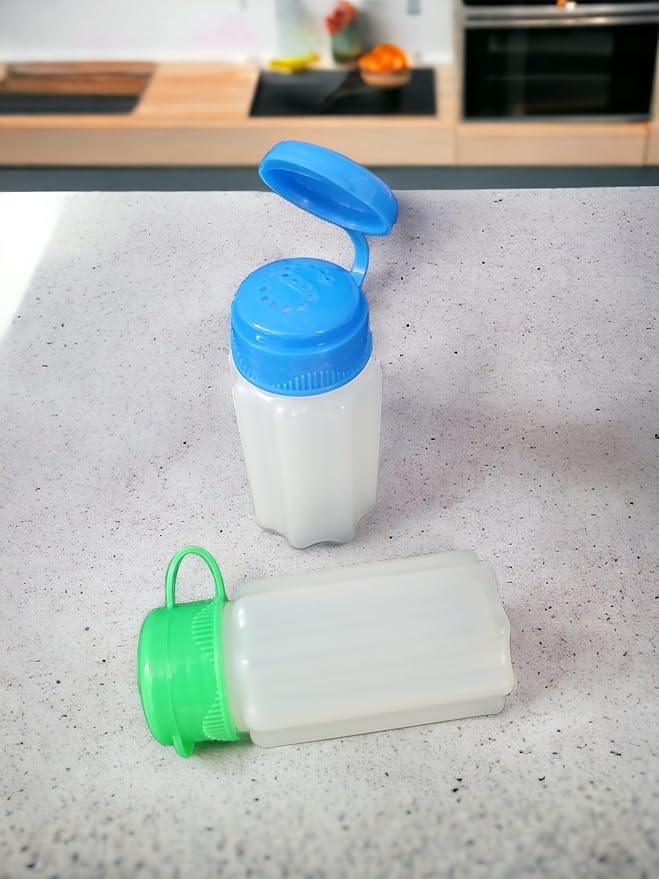 Spill-Proof Flip-Lid Mini Salt & Pepper Shakers | Compact Durable Plastic Travel Spice Dispenser Set for Lunch Bags, Camping & Outdoor Cooking | Blue and Green (1 Pair)