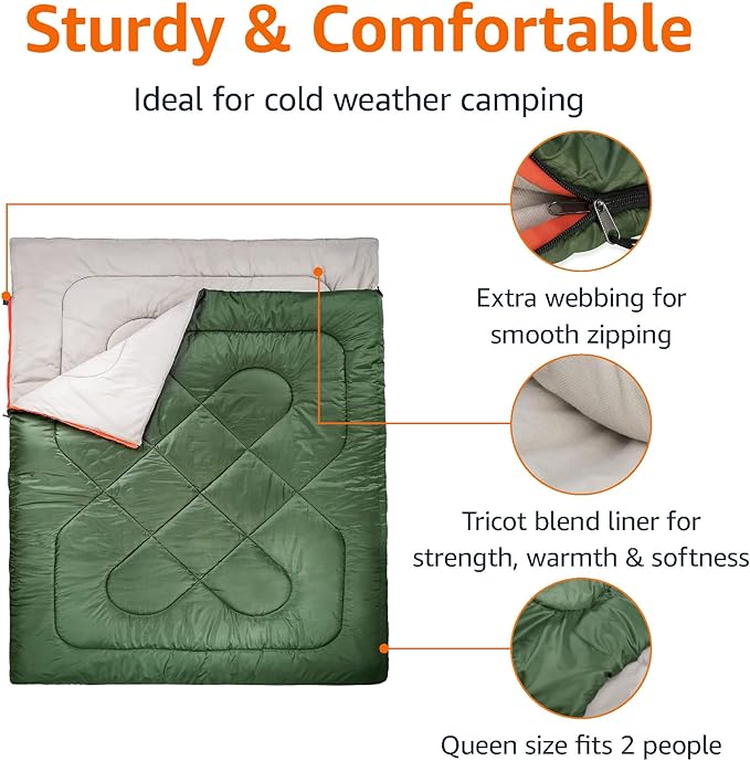 Amazon Basics 40°F Cool Weather Two-Person Sleeping Bag, 87 Inches x 59 Inches, Olive Green