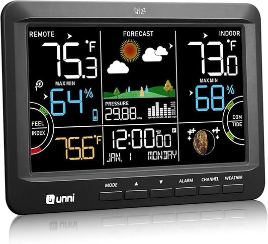 Weather Station Wireless Indoor Outdoor Thermometer with Heat Dew Mold, Thermometer Inside Outside Atomic Clock with Pressure Black