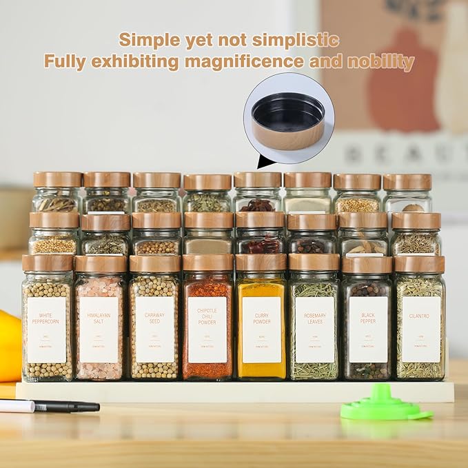 Spice Jars with Label，4oz Seasoning Containers, Glass Spice Bottles with Shaker Lids,Funnel, Chalk Pen (24)