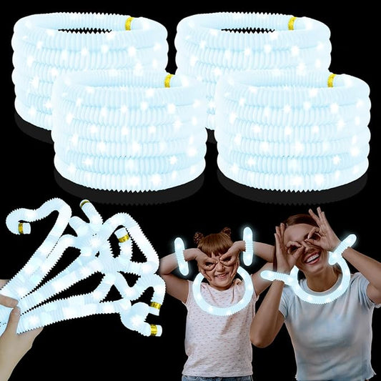 White Glow Sticks Party Favors for Kids 24 PCS,LED Light up Pop Tubes for Toddlers, Neon Necklaces Bracelets Accessories, Glow Birthday Wedding Dance Party Supplies Camping Toys Decorations