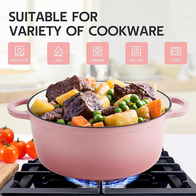 4.5 Quart Dutch Oven Enameled Cast Iron with Lid - Big Dual Handles - Oven Safe up to 500°F - Classic Round Pot for Versatile Cooking Pink