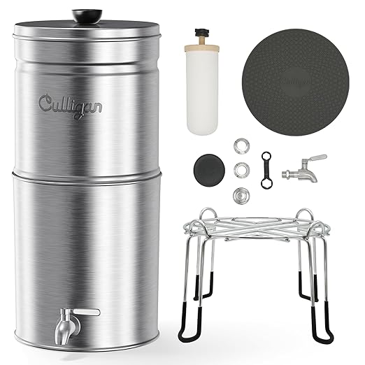 Culligan with MaxClear Technology 3 Gallon Gravity Water Filter System, Brushed Countertop Ceramic Water Filter Dispenser NSF/ANSI Certified to Reduce Lead, Microplastics & Total PFAS, with 6 Filters