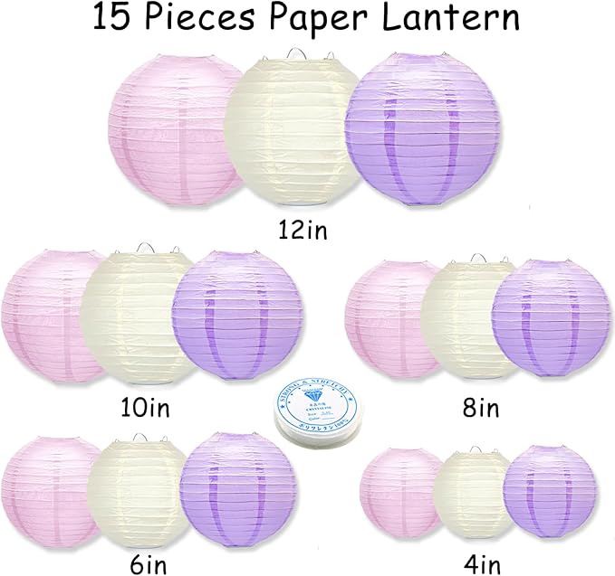 15Pcs Paper Lanterns Decorative, Pink Purple White Hanging Lantern for Mermaid Theme Girl Birthday Party Baby Showers Party Decorations