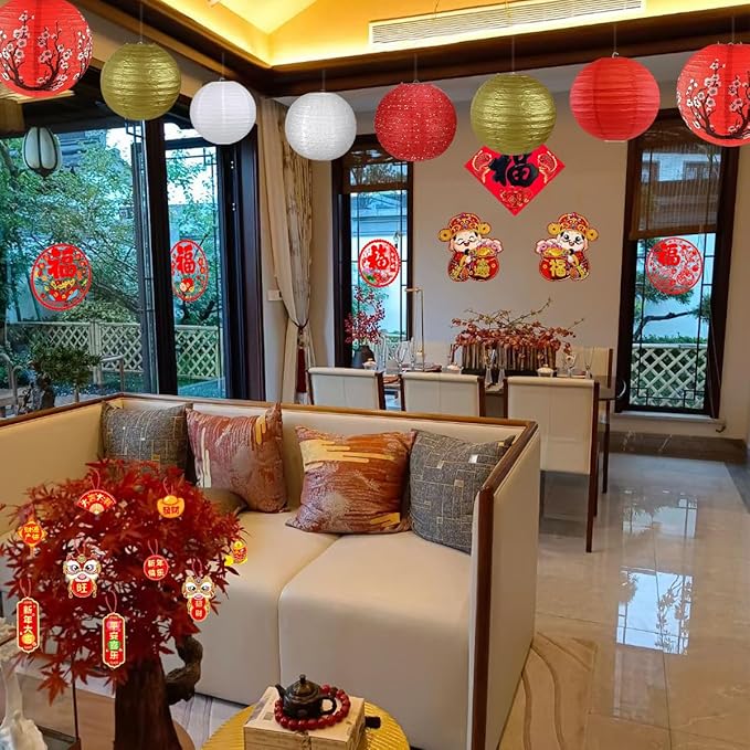14Pcs Chinese Japanese Paper Lantern Assorted Sizes (8" 10" 12") Hanging Plum Blossom Red White Gold Chinese Lanterns for Chinese New Year Decorations, Lunar New Year, Spring Festival, Home Decor