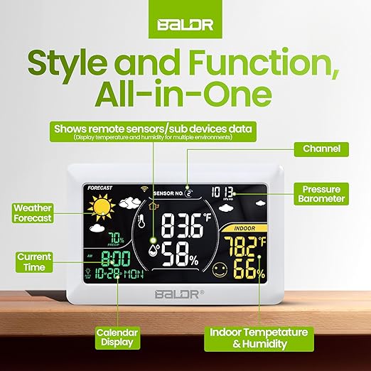 BALDR WiFi Weather Station with App, Wireless Indoor Outdoor Thermometer with Humidity Monitor, Online Real-time Forecast, Smart Home Weather Stations, One Temperature Sensor Included, White