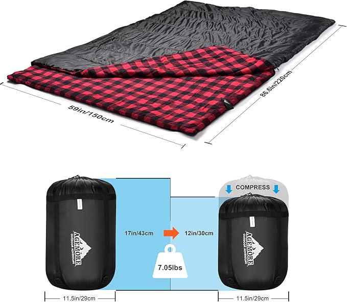 AGEMORE Cotton Flannel Double Sleeping Bag for Camping, Backpacking Or Hiking. Queen Size 2 Person Waterproof Sleeping Bag for Adults Or Teens. Lightweight with Compression Sack