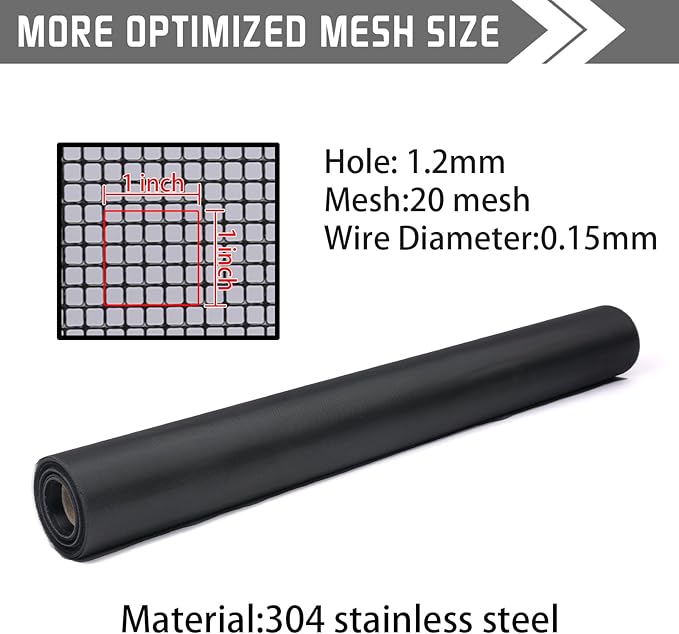 304 Black Stainless Steel Robust & Shielding Window Screen Replacement Mesh Screen, 39IN x 10FT, Perfect for Windows, Doors, Patios & Pets, Mosquito-Proof,Sturdy Screen Mesh Roll (20 Mesh)